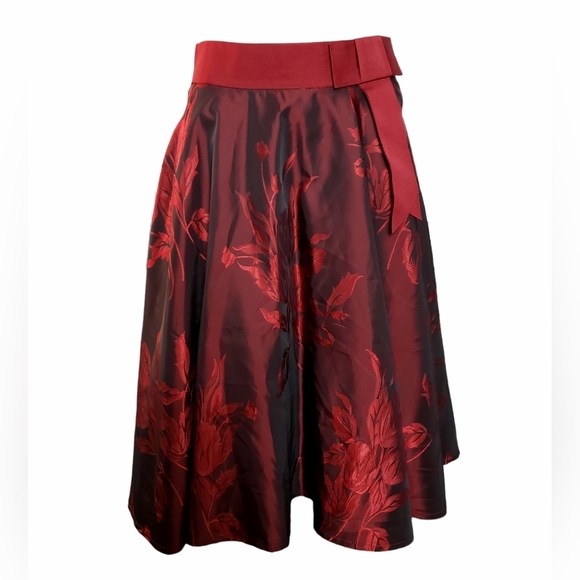 Zero A Line Pleat Floral Skirt Womens 6 Red Knee Length Layered EUR 38 Bow Waist - Picture 7 of 10